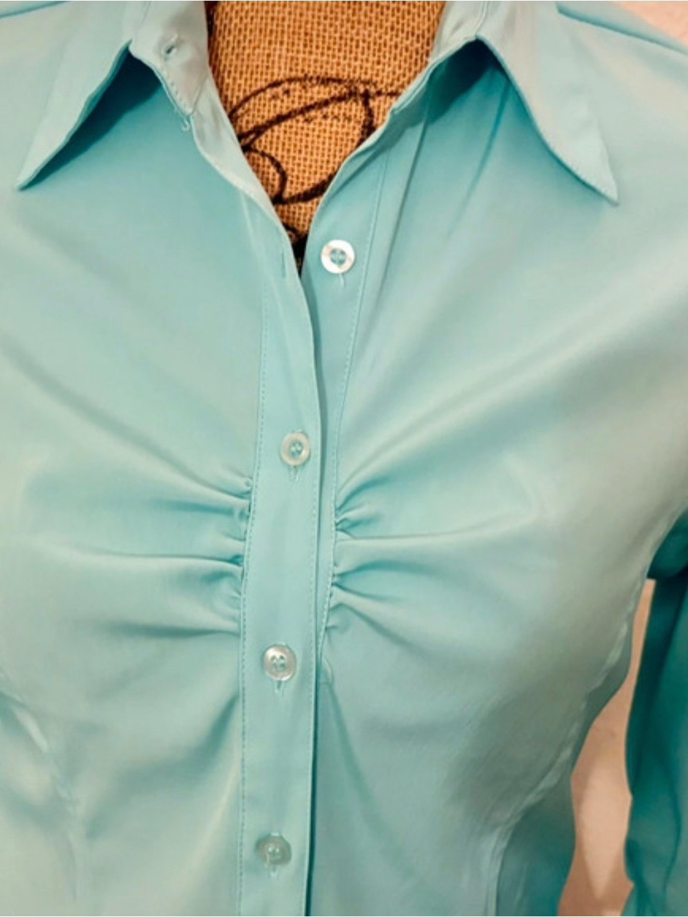 Cotton Express Turquoise Ruched Button-Up Blouse - Picture 4 of 5